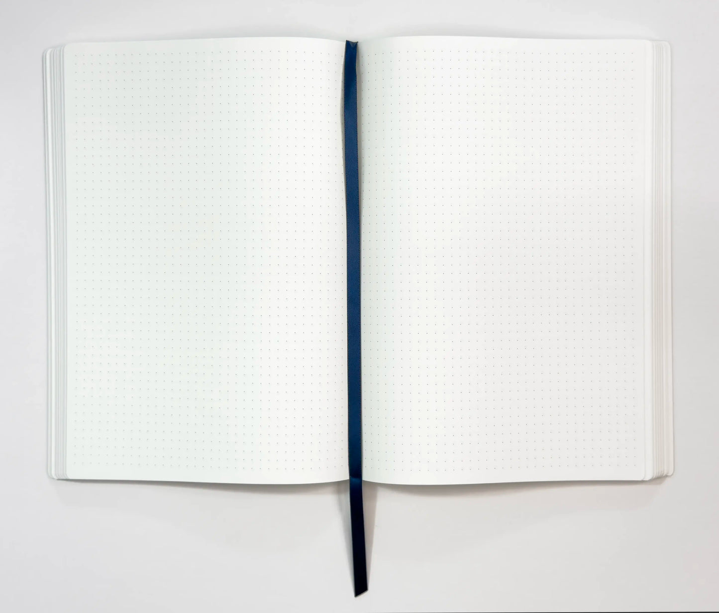 A5 notebook open Tomoe River paper dot grid blue ribbon bookmark