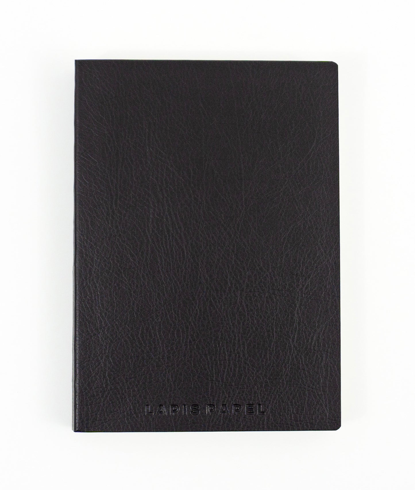 Black A6 notebook with embossed "Lapis Papel" logo on white background (front cover)