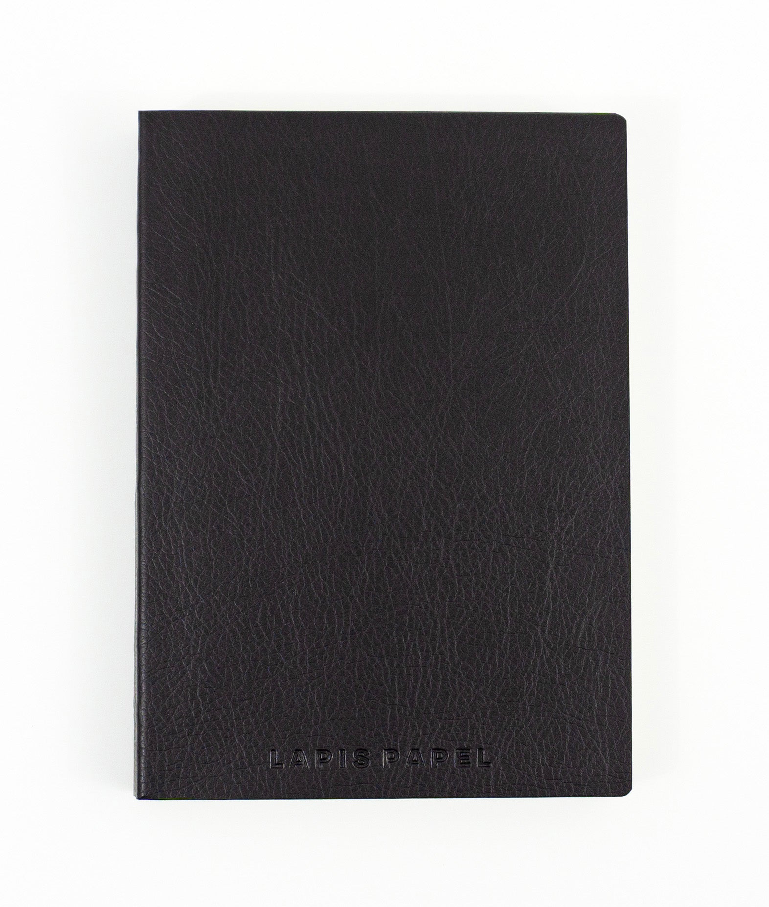 Black A6 notebook with embossed "Lapis Papel" logo on white background (front cover)