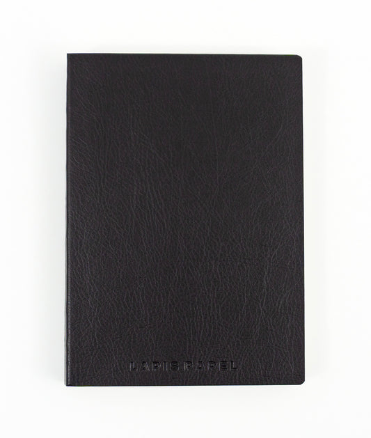 Black A6 notebook with embossed "Lapis Papel" logo on white background (front cover)