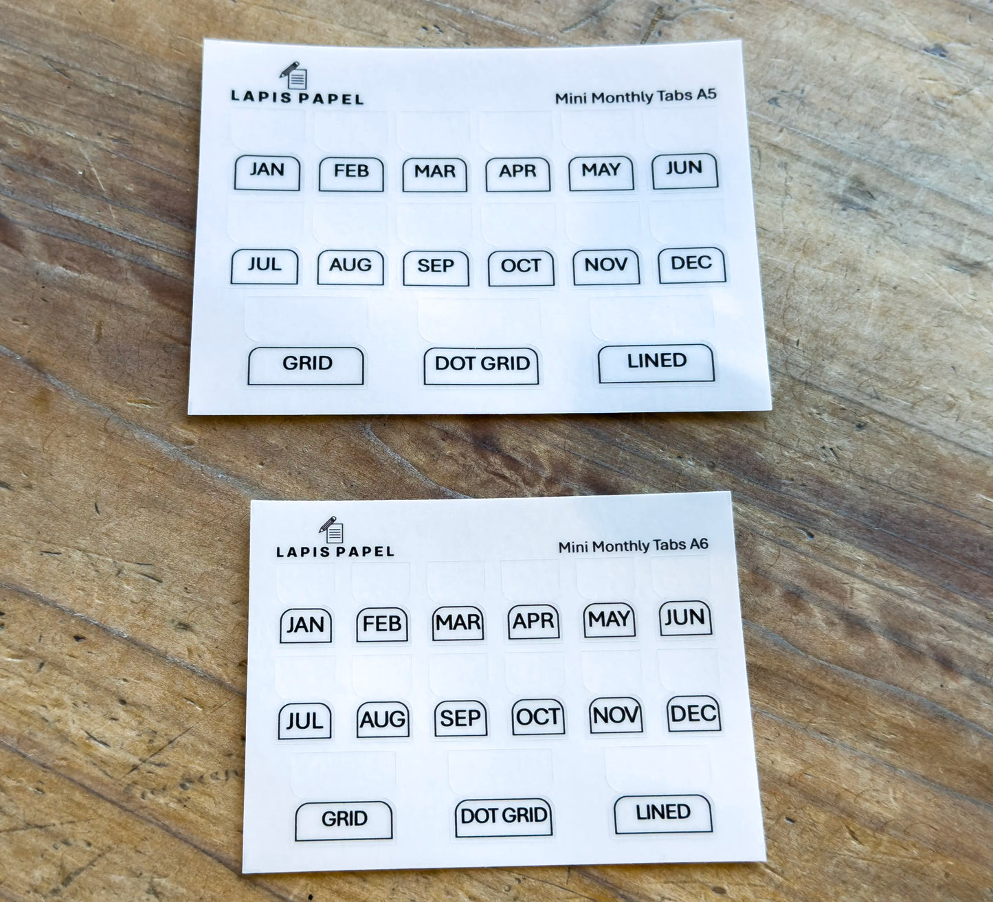 mini monthly sticker tabs A6 and A5 on wood table